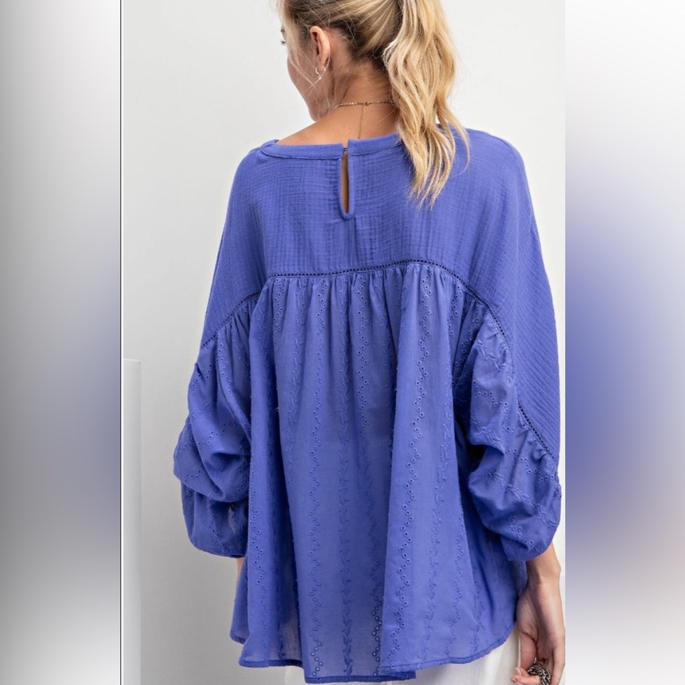 Relaxed Eyelet Peasant Top in Periwinkle Blue - Picture 2 of 5